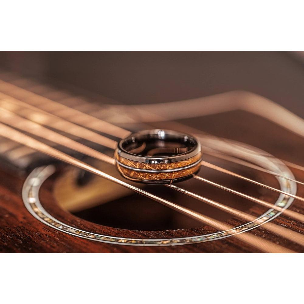 "Dionysus" Whisky Barrel Wood x Guitar String Ring- Gunmetal Tungsten