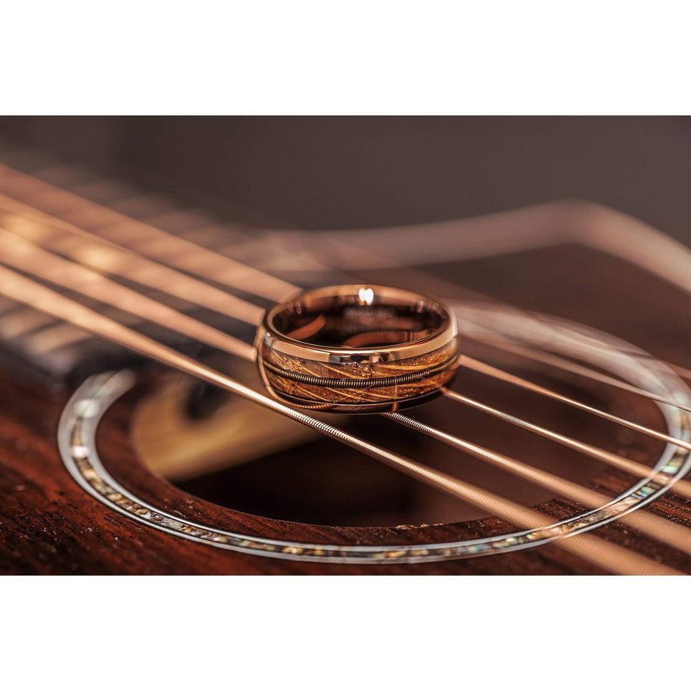 "Dionysus" Whisky Barrel Wood x Guitar String Ring- Rose Gold Tungsten