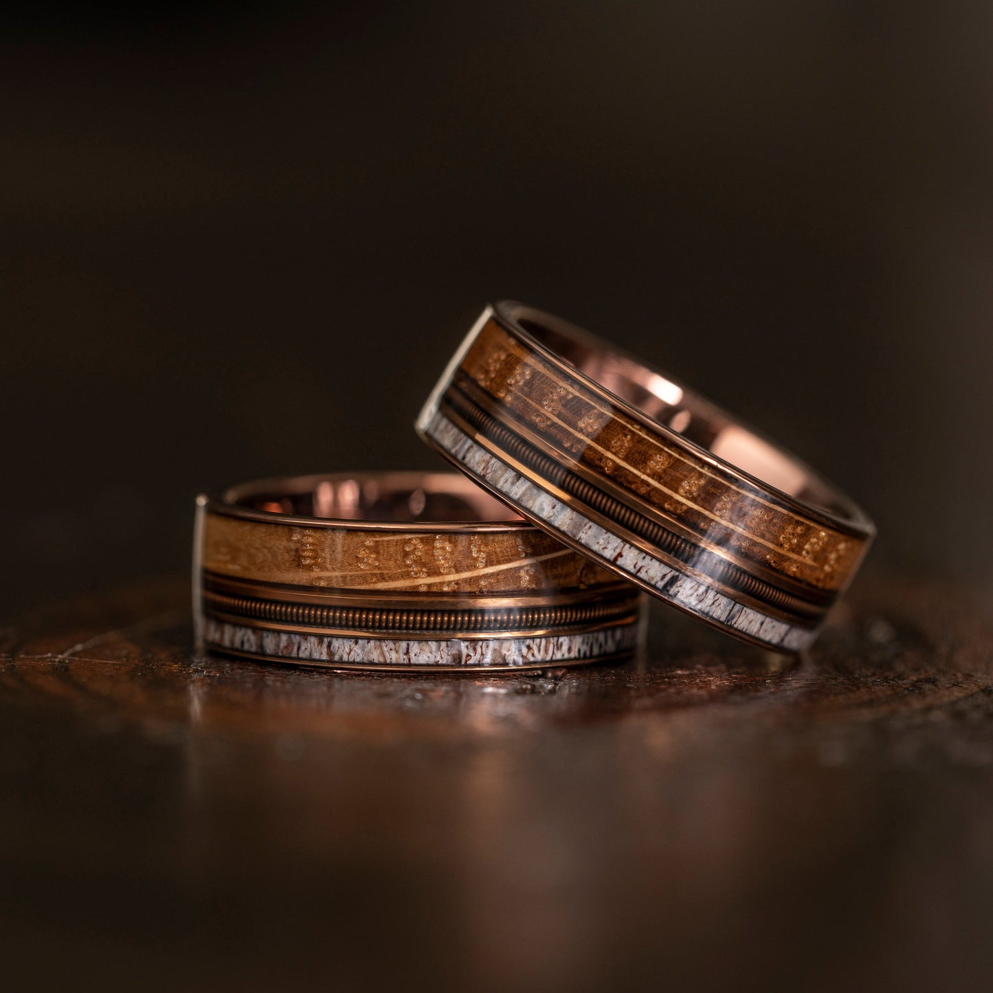 "Dionysus" Whiskey Barrel Wood x Antler x Guitar String Ring- Smoked Rose Gold Tungsten