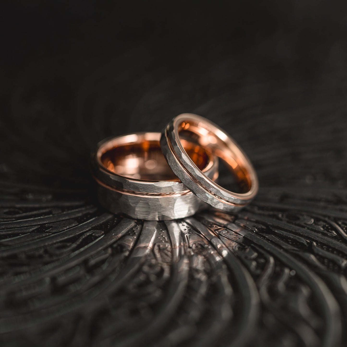 "Hex Forge" Hammered Tungsten Carbide- 8mm- Silver x Rose Gold