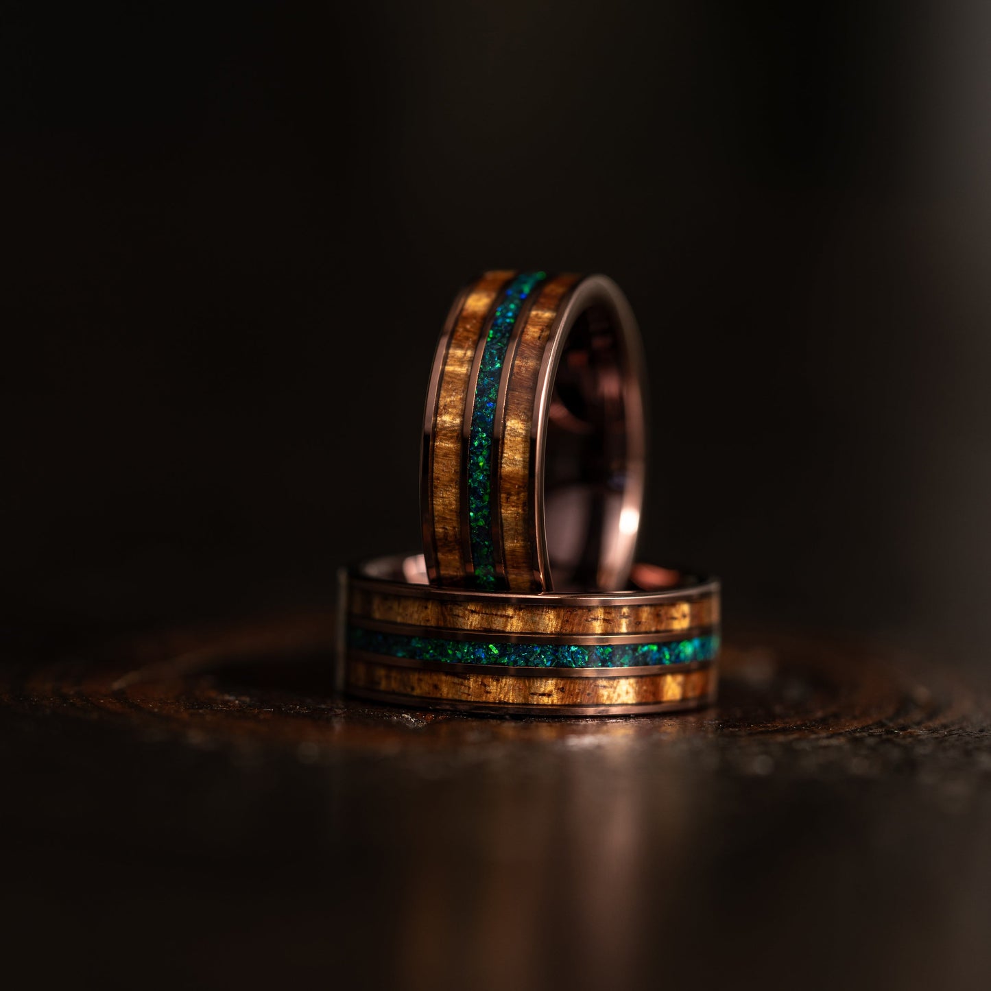 "Dionysus" Koa Wood x Opal Rose Gold Tungsten Ring 6mm/8mm