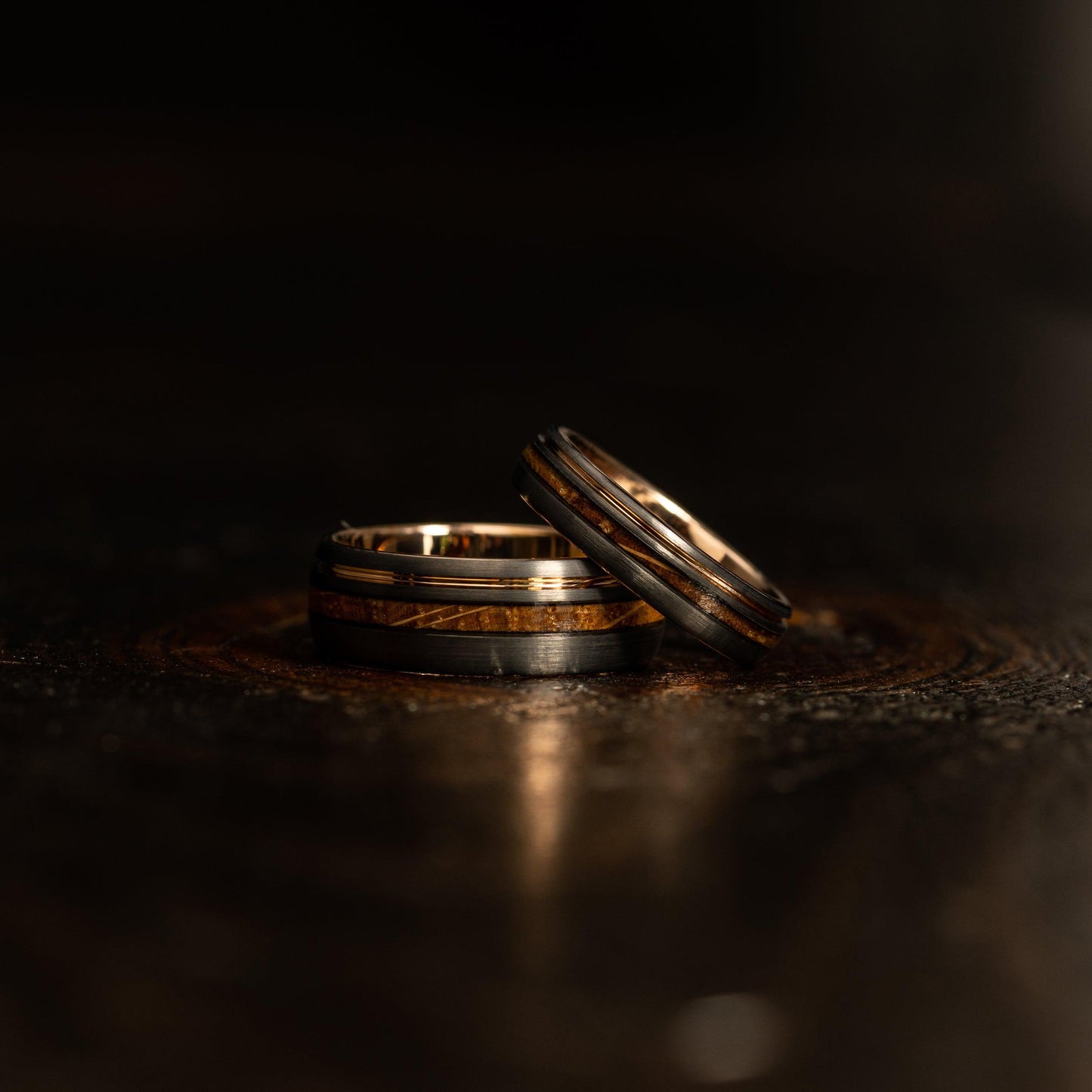 "Dionysus" Whiskey Barrel Gunmetal/Rose Gold Tungsten Ring