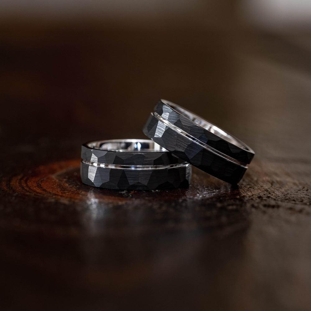 "Zeus" Hammered Tungsten Carbide Ring- Black w/ White Gold Strip- 6mm/8mm