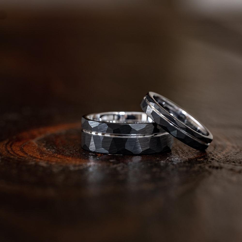 "Zeus" Womens Hammered Tungsten Carbide Ring- Black w/ White Gold Strip- 4mm