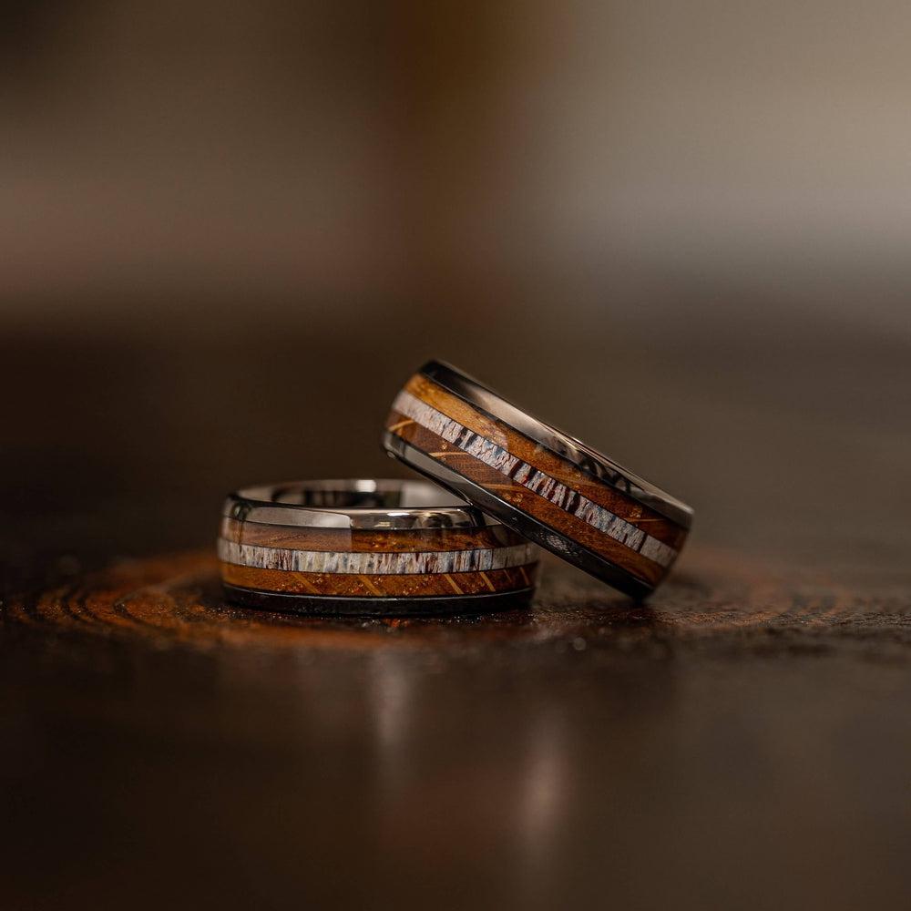 "Dionysus" Whisky Barrel Wood x Antler Ring- Gunmetal Tungsten