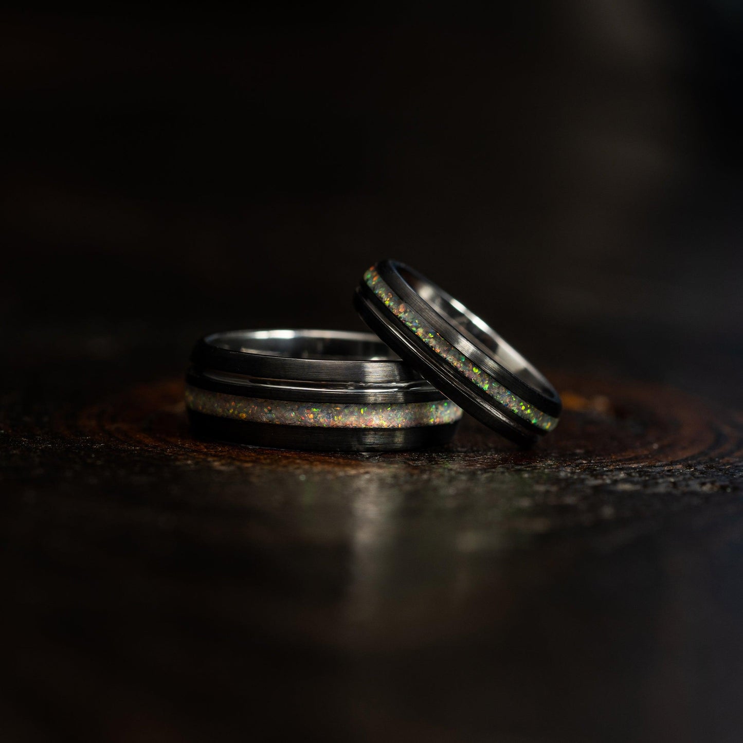 "Dionysus" Black x Fire Opal White Gold Tungsten Ring