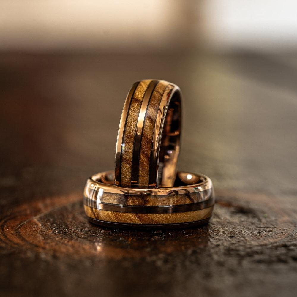 "Dionysus" Olive Wood Double Barrel Rose Gold Tungsten Ring