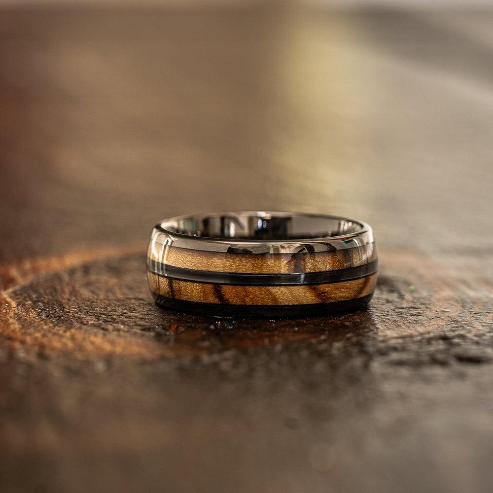"Dionysus" Olive Wood Double Barrel Gunmetal Tungsten Ring