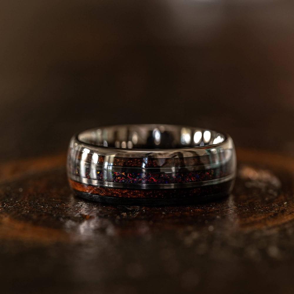 "Dionysus" Desert Ironwood x Black Opal Gunmetal Tungsten Ring