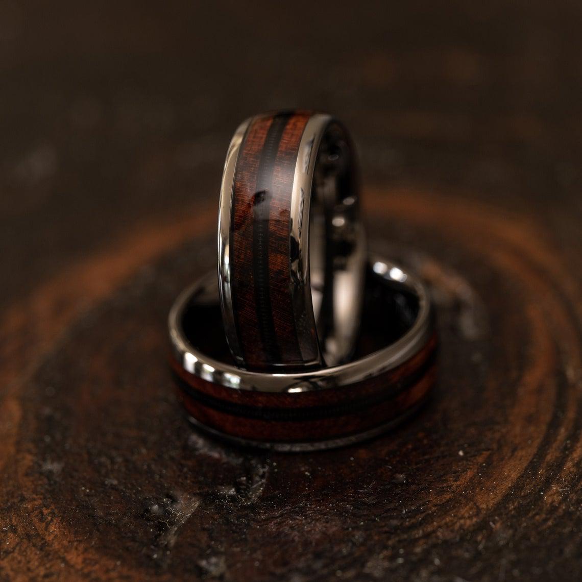 "Dionysus" Ironwood Wood x Guitar String Ring- Gunmetal Tungsten