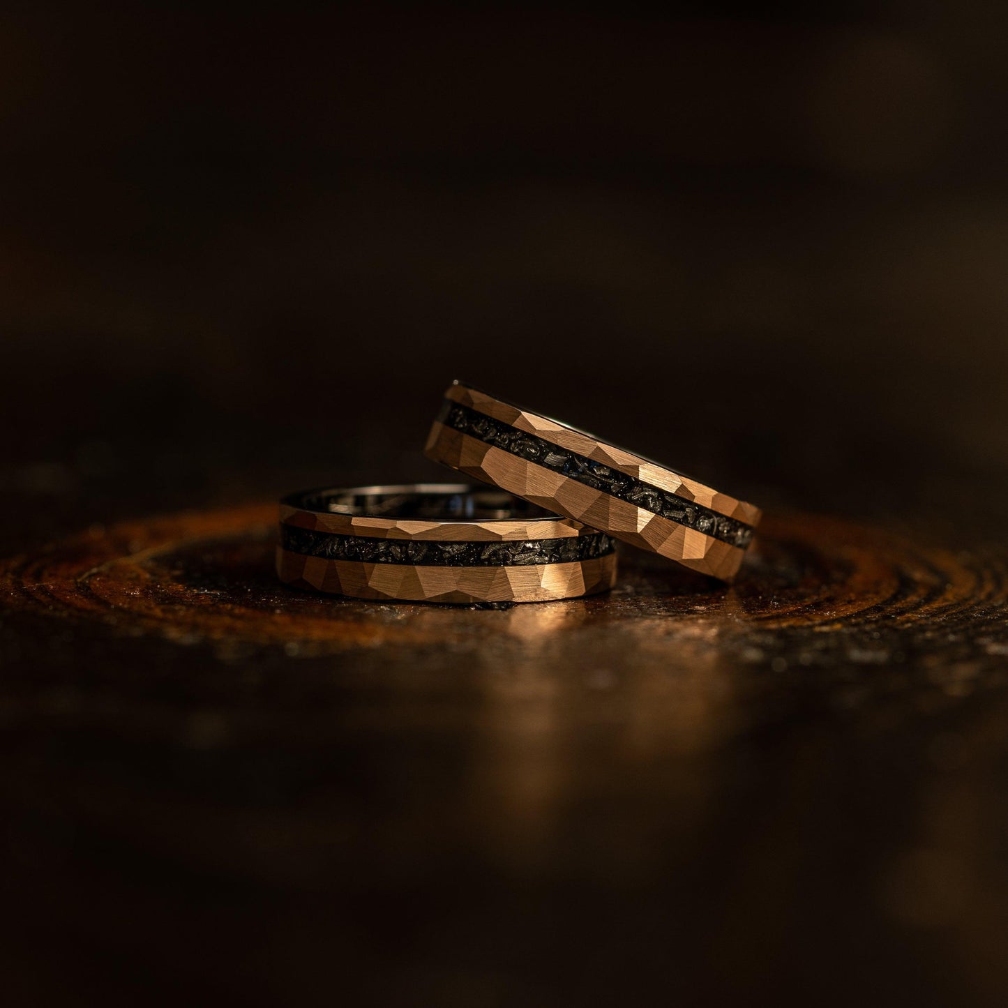 "Zeus" Hammered Tungsten Carbide Ring- Womens Rose Gold w/ Meteorite- 5mm