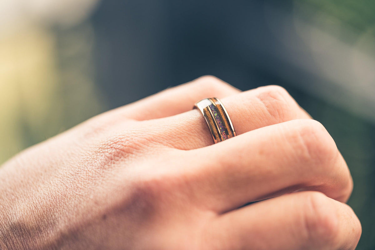 "Dionysus" Koa x Purple Galactic Opal Gunmetal Tungsten Ring