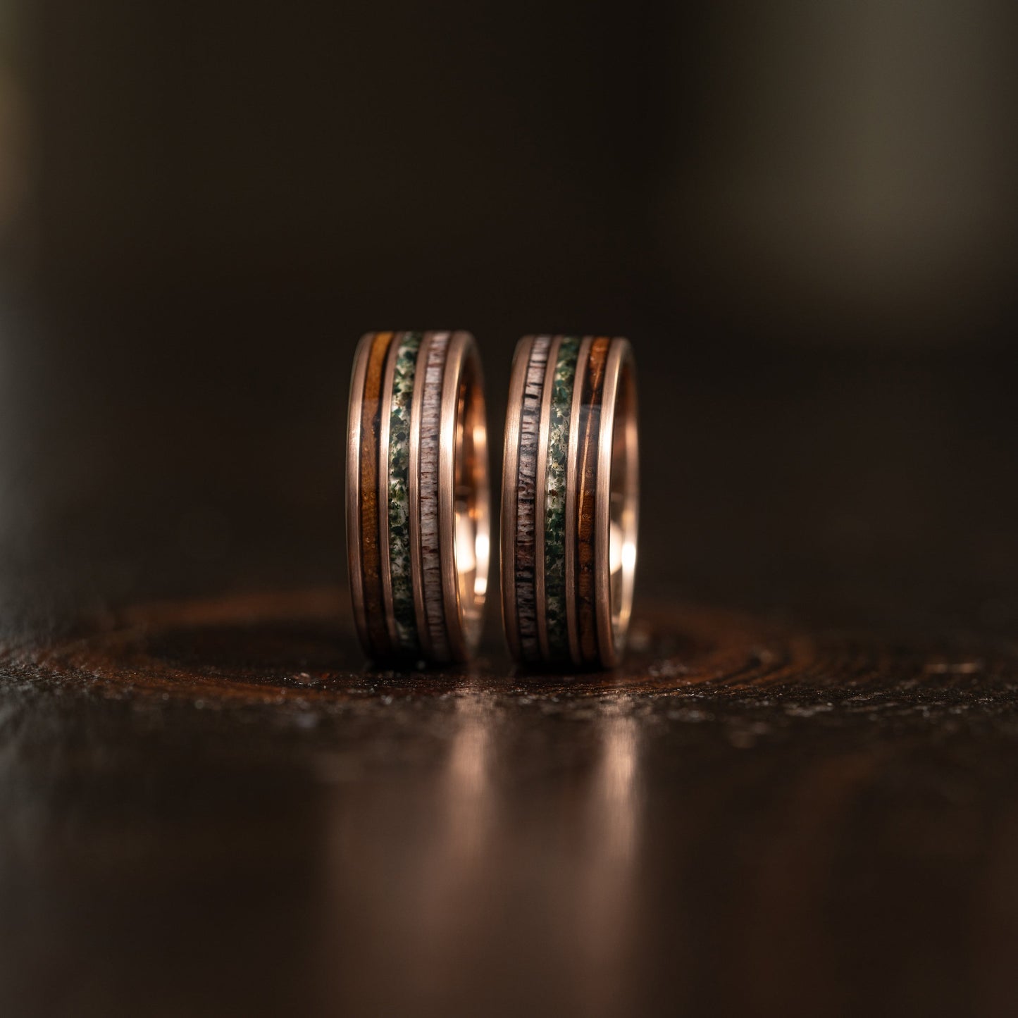 "Highlander" Brushed Rose Gold Tungsten with Whisky Barrel x Moss Agate x Antler