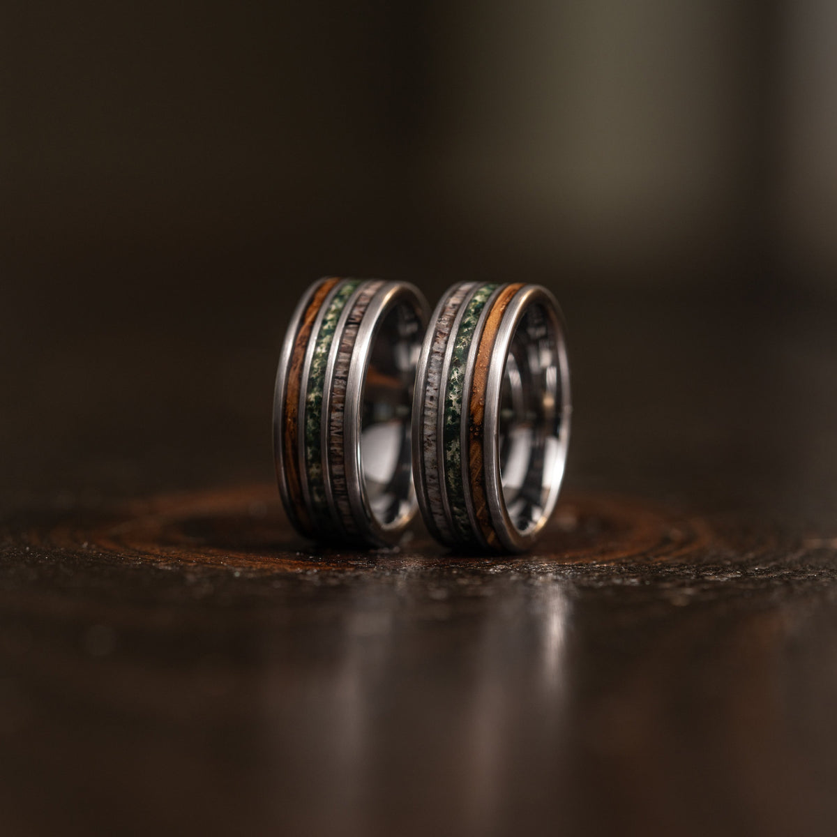 "Highlander" Brushed Silver Tungsten with Whisky Barrel x Moss Agate x Antler