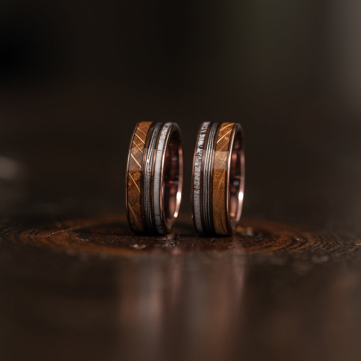 "Dionysus" Whiskey Barrel Wood x Antler x Fishing Line- Smoked Rose Gold Tungsten