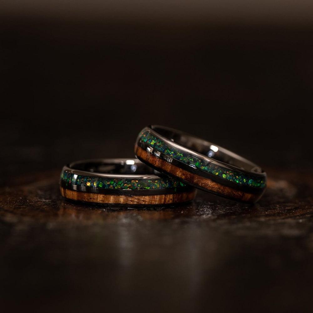"Dionysis" Womens Tungsten Carbide Ring- Gunmetal X Blue/Green Opal- 5mm