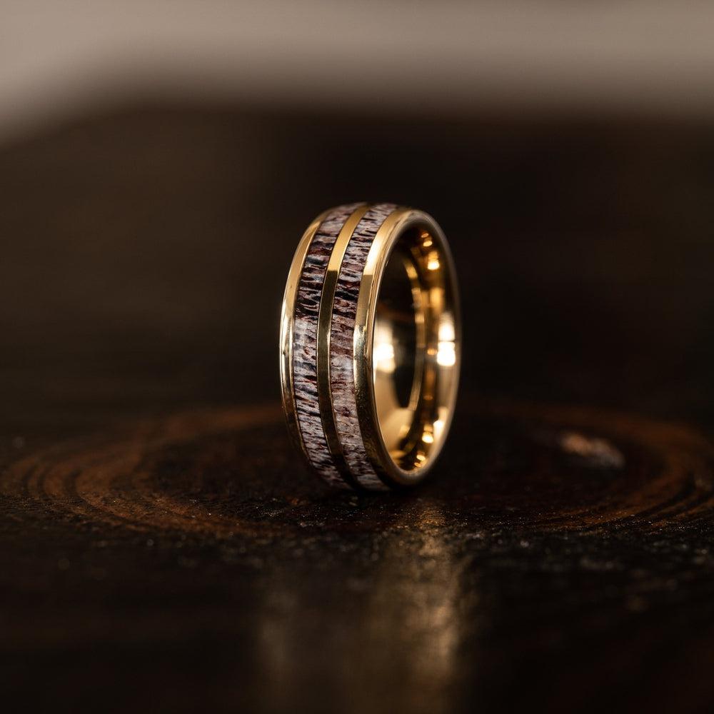 "Dionysus" Double Barrel Naturally Shed Antler Yellow Gold Tungsten Ring- Domed