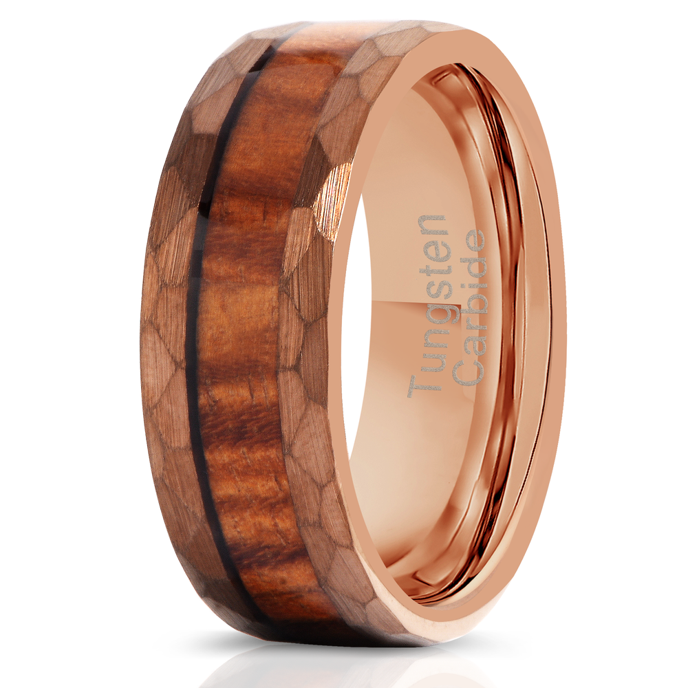 "Zeus" Hammered Tungsten Carbide Ring- Coffee with Hawaiian Koa Wood