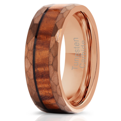 "Zeus" Hammered Tungsten Carbide Ring- Coffee with Hawaiian Koa Wood
