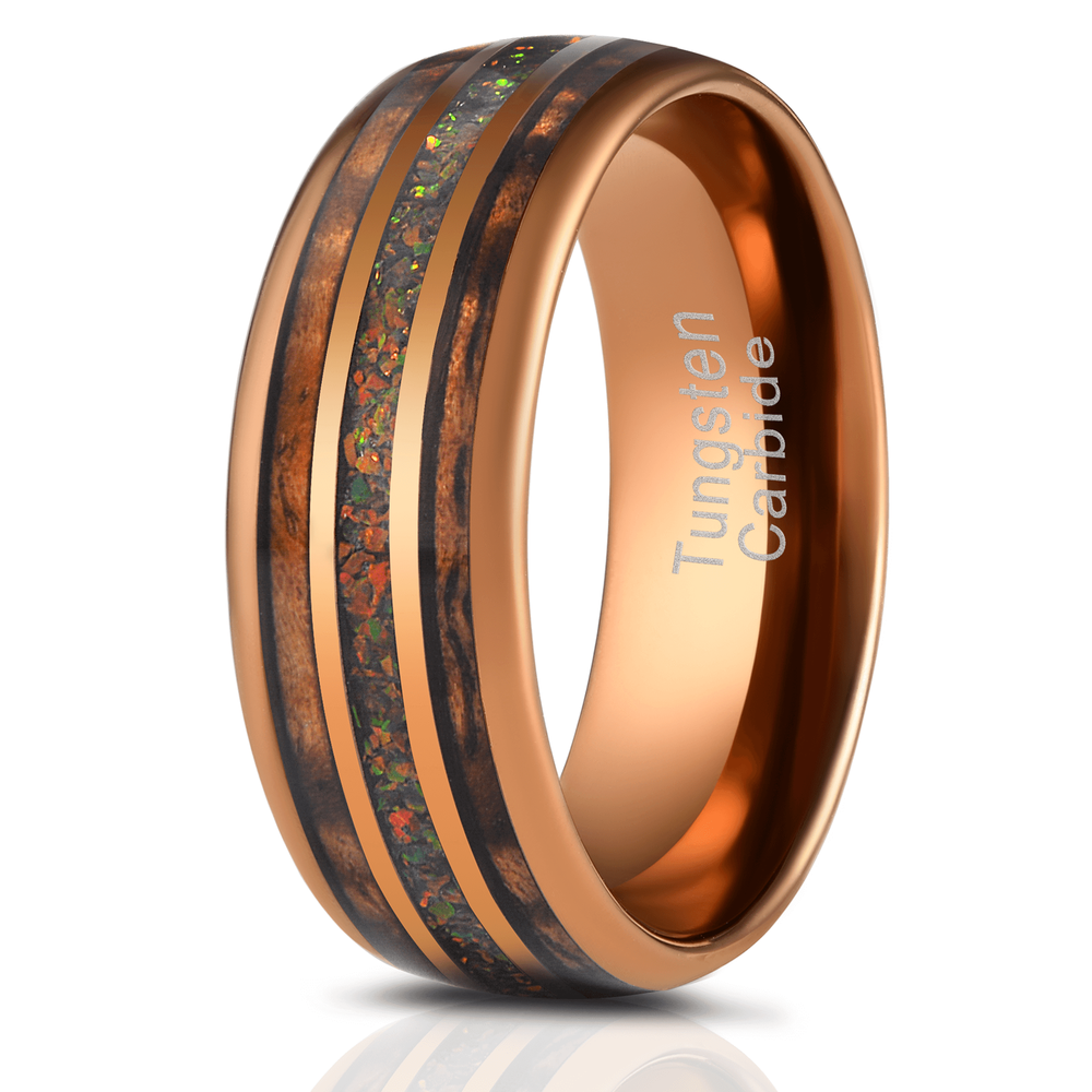"Dionysus"  Hawaiian Koa Wood x Rasta Opal Rose Gold Tungsten Ring