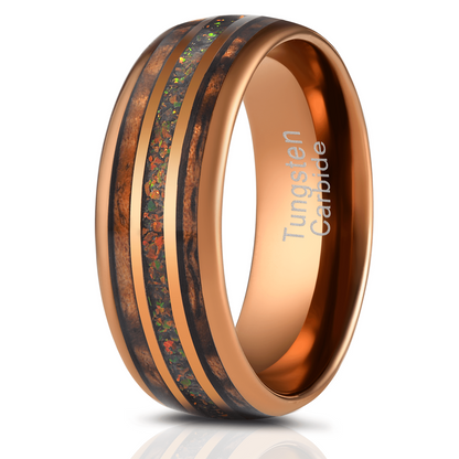 "Dionysus"  Hawaiian Koa Wood x Rasta Opal Rose Gold Tungsten Ring
