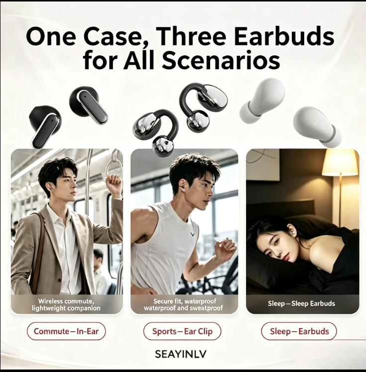 [1 Case, 6 Earbuds] 2026 New 3-in-1 AI Bluetooth Earbuds: Clip-on Design, Sleep-Friendly, Short-Stem, Ultra-Long Battery Life