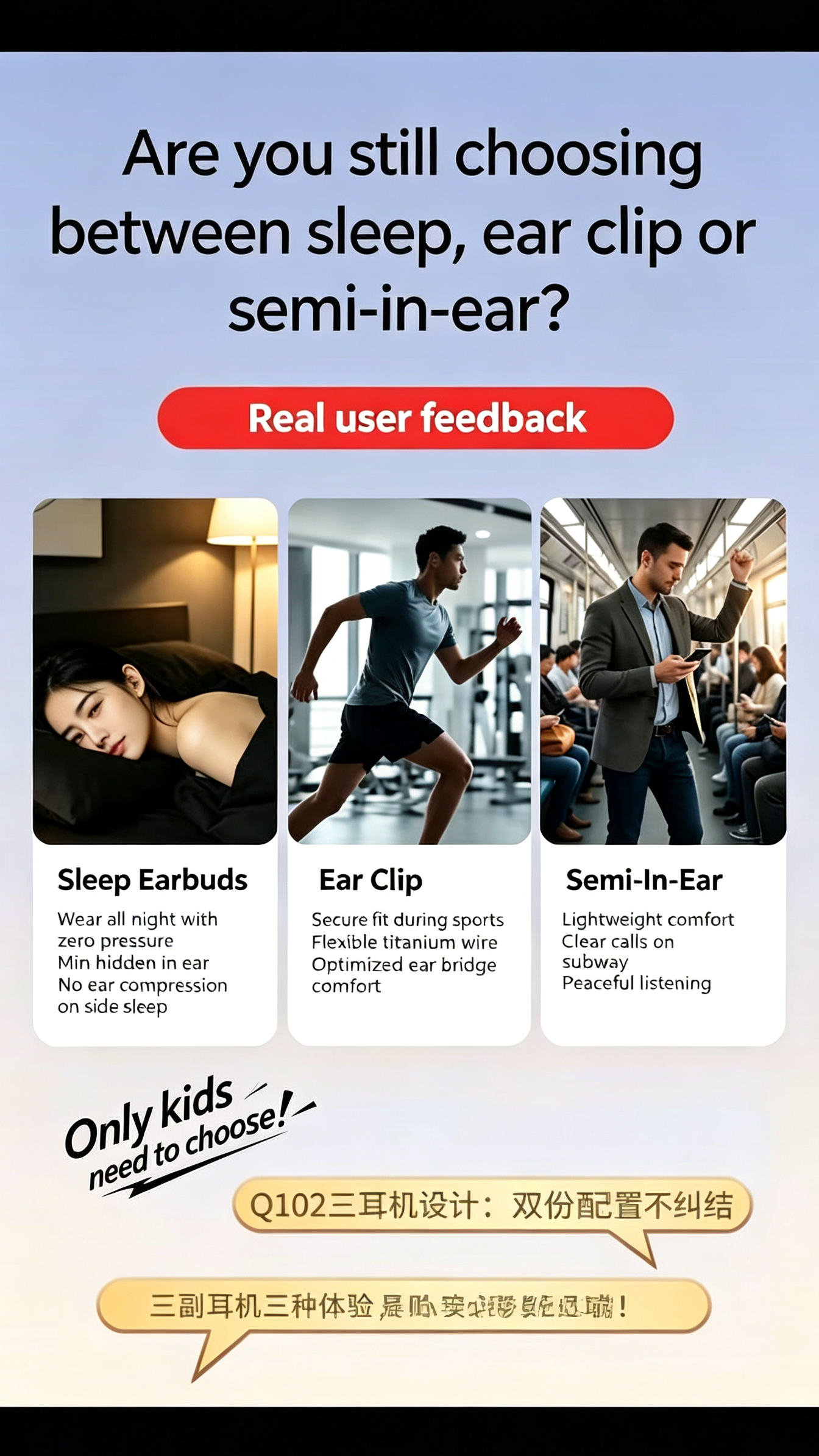 [1 Case, 6 Earbuds] 2026 New 3-in-1 AI Bluetooth Earbuds: Clip-on Design, Sleep-Friendly, Short-Stem, Ultra-Long Battery Life