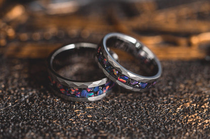"Zeus" Hammered Tungsten Carbide Ring- Meteorite and Opal- Silver- 6mm/8mm