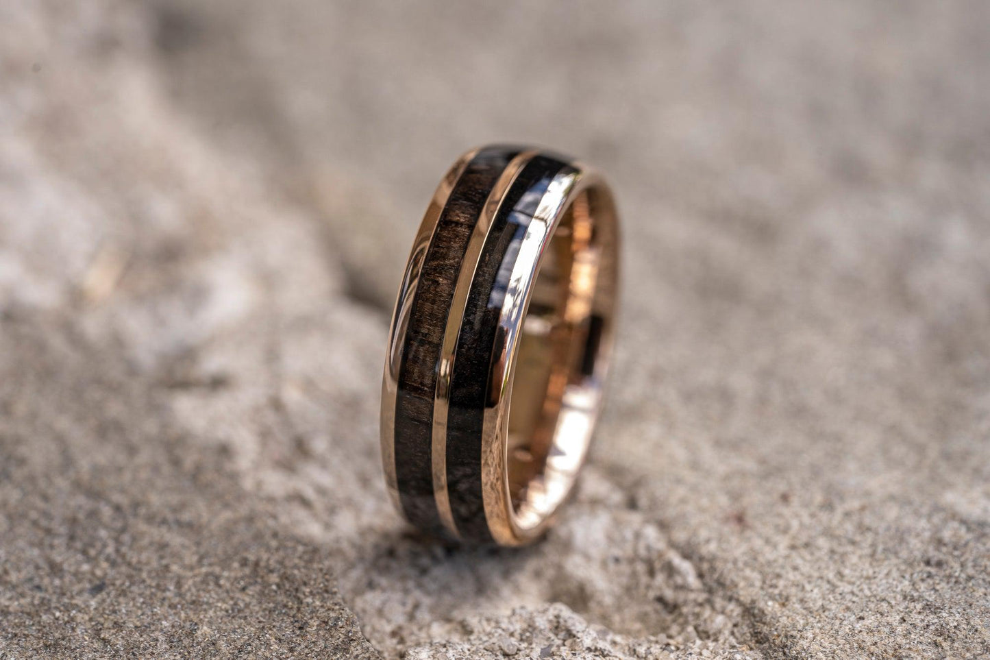 "Dionysus"  Ancient Bog Oak Double Barrel Rose Gold Tungsten Ring