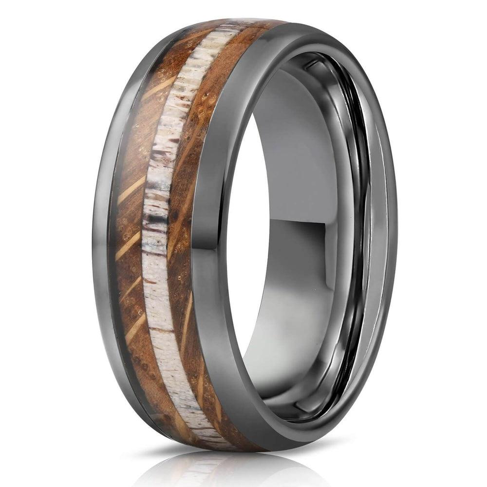 "Dionysus"  Whisky Barrel Wood x Antler Ring- Gunmetal Tungsten