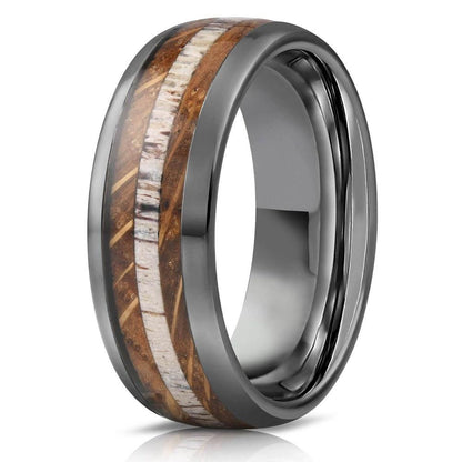 "Dionysus"  Whisky Barrel Wood x Antler Ring- Gunmetal Tungsten