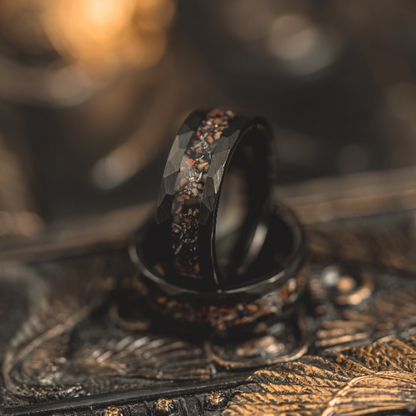 "Perseus" Black Hammered Tungsten Carbide Ring- Dinosaur Bones and Meteorite- 6mm/8mm