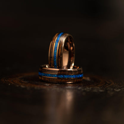 "Dionysus"  Whisky Barrel x Blue Opal Smoked Rose Gold Tungsten Ring