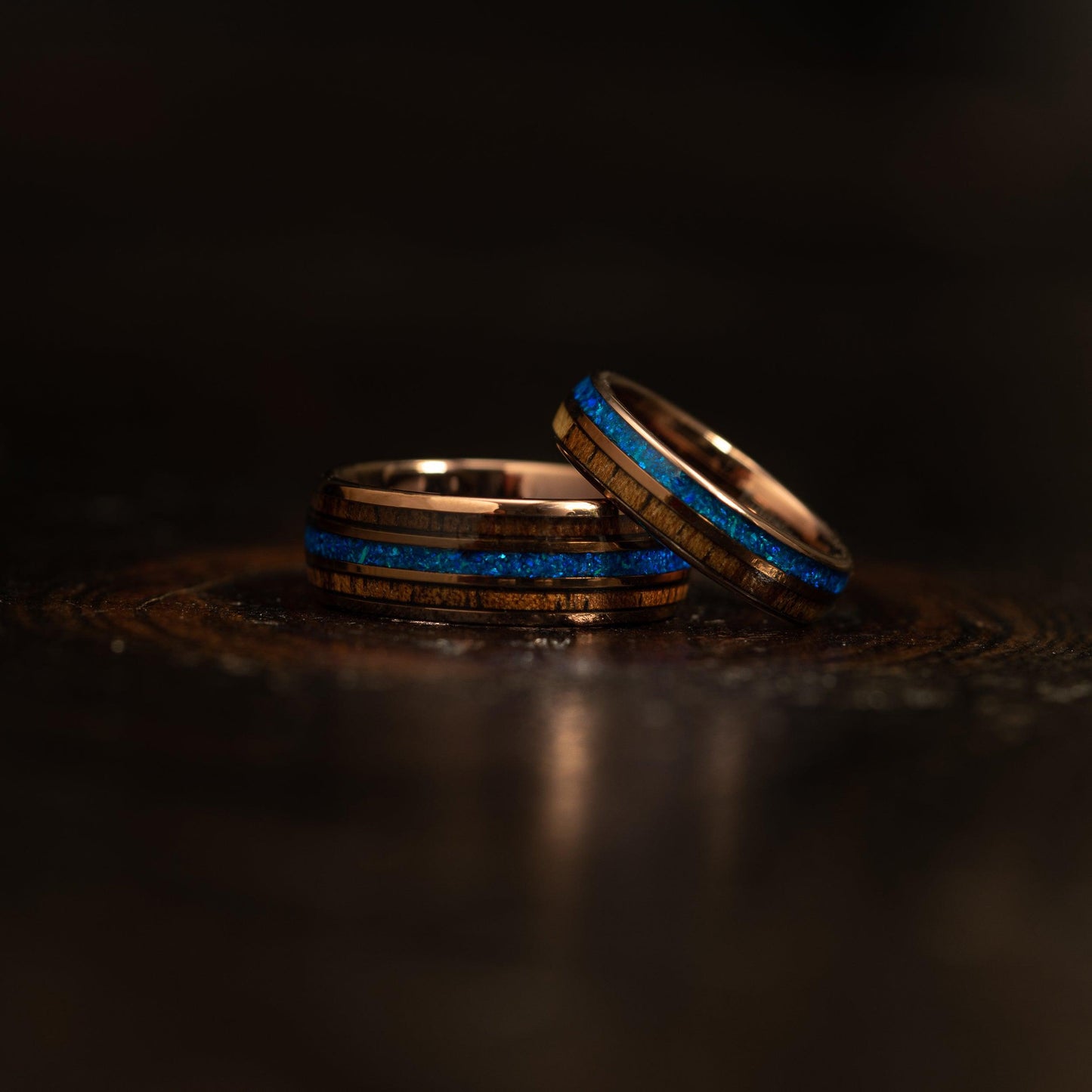 "Dionysis" Womens Tungsten Carbide Ring- Smoked Rose Gold X Blue Opal- 5mm