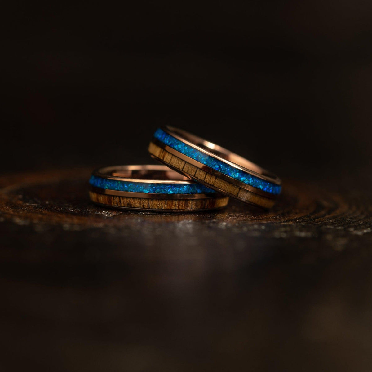 "Dionysis" Womens Tungsten Carbide Ring- Smoked Rose Gold X Blue Opal- 5mm