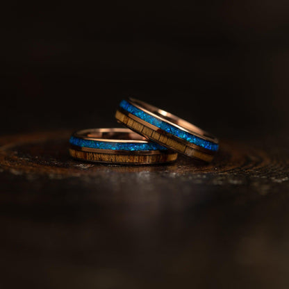 "Dionysis" Womens Tungsten Carbide Ring- Smoked Rose Gold X Blue Opal- 5mm