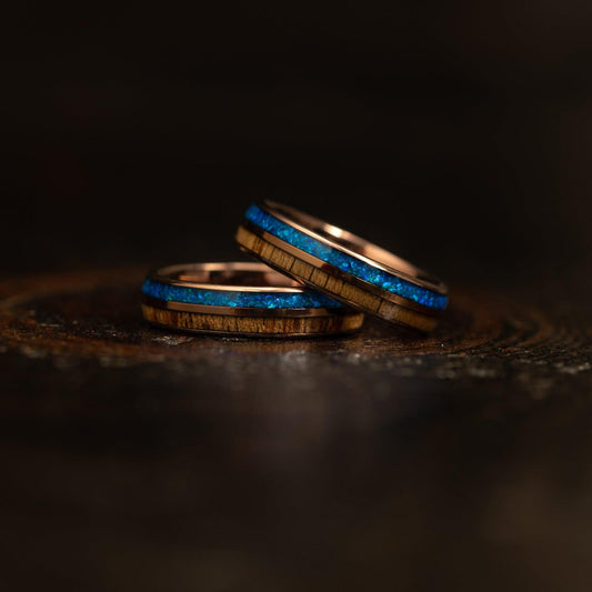 "Dionysis" Womens Tungsten Carbide Ring- Smoked Rose Gold X Blue Opal- 5mm