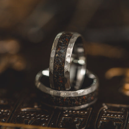 "HellCreek Ember"  Dinosaur Bone x Hammered Tungsten Carbide- Silver