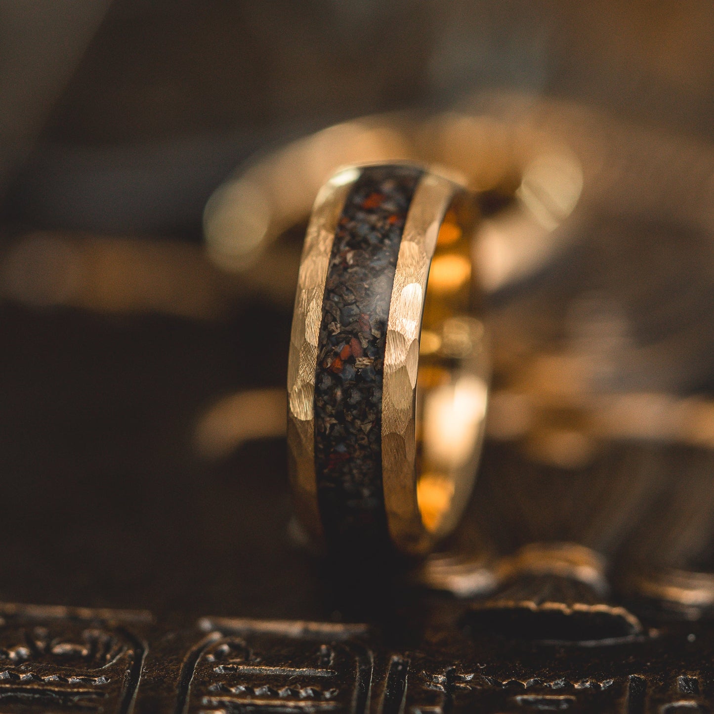 "HellCreek Ember"  Dinosaur Bone x Hammered Tungsten Carbide- Gold