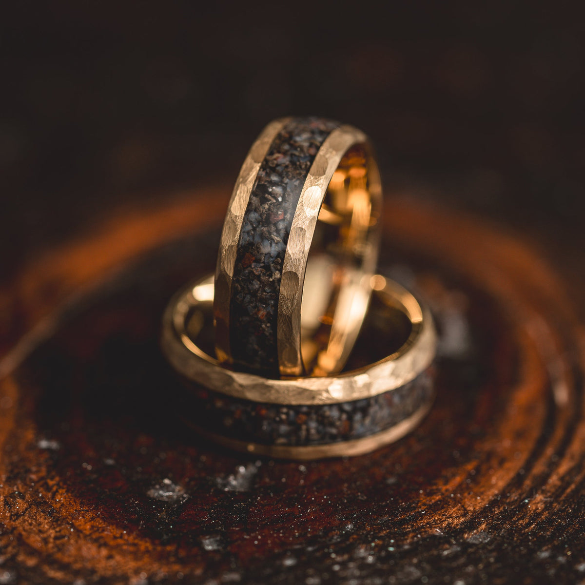 "HellCreek Ember"  Dinosaur Bone x Hammered Tungsten Carbide- Gold