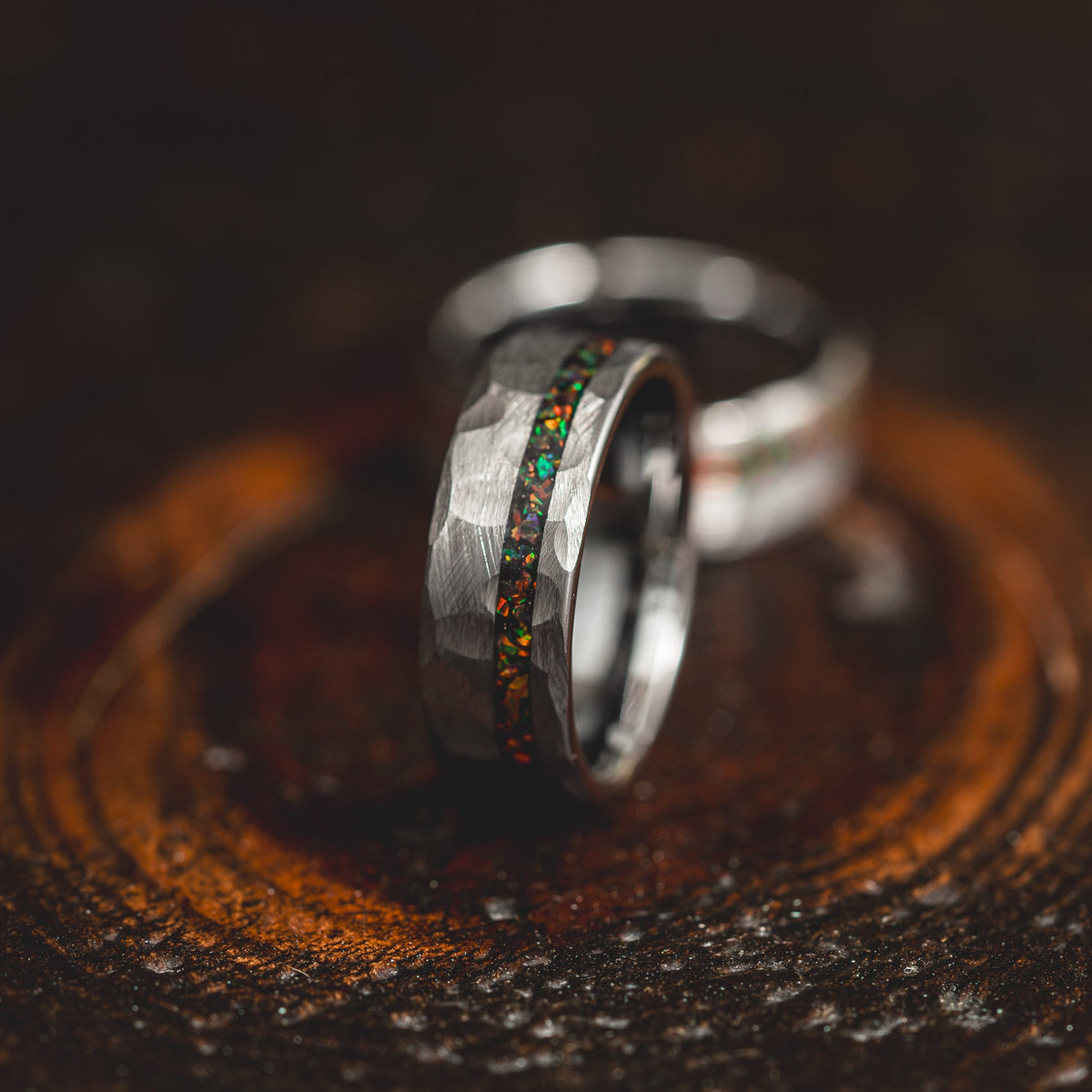 "Fire Root"  Rasta Opal x Brushed Hammered Tungsten Carbide- Silver
