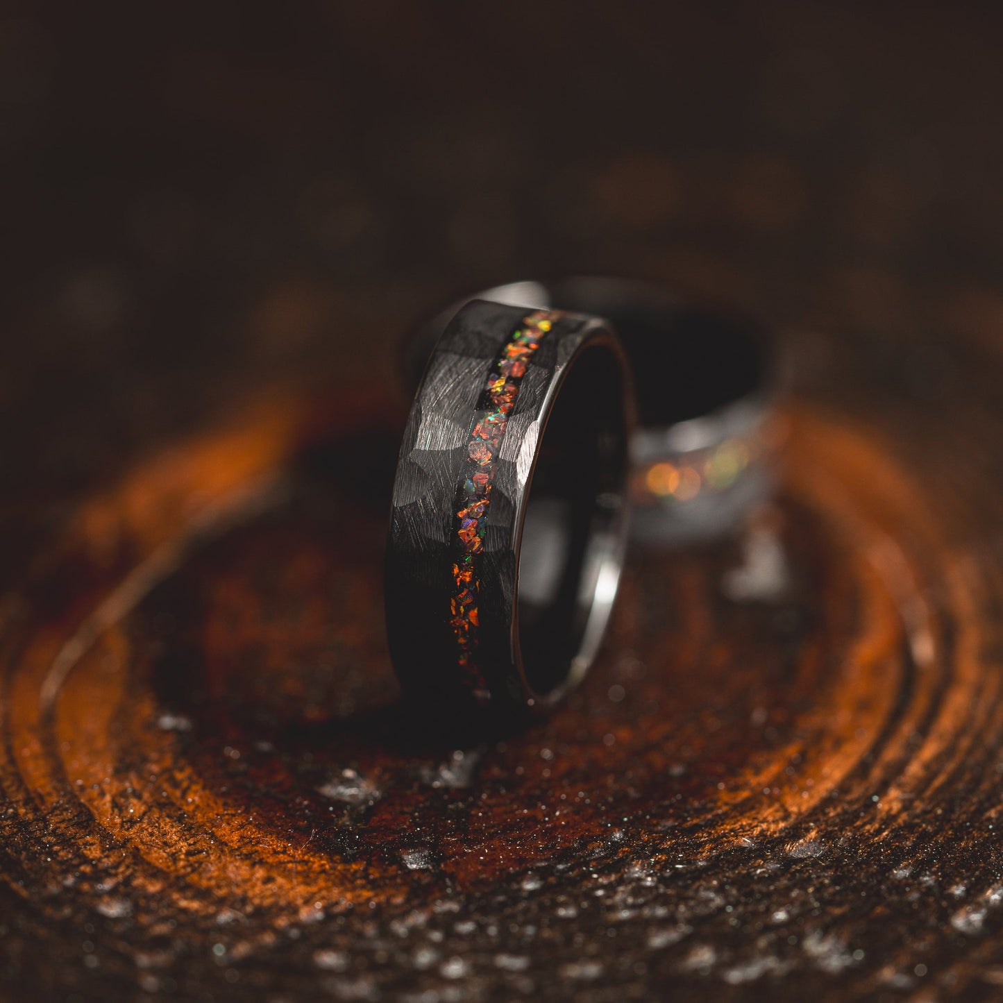 "Fire Root"  Rasta Opal x Brushed Hammered Tungsten Carbide- Black