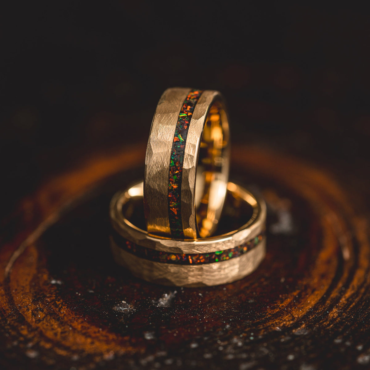 "Fire Root"  Rasta Opal x Brushed Hammered Tungsten Carbide- Gold