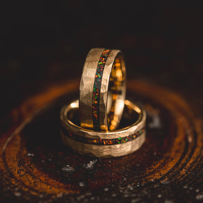 "Fire Root"  Rasta Opal x Brushed Hammered Tungsten Carbide- Gold