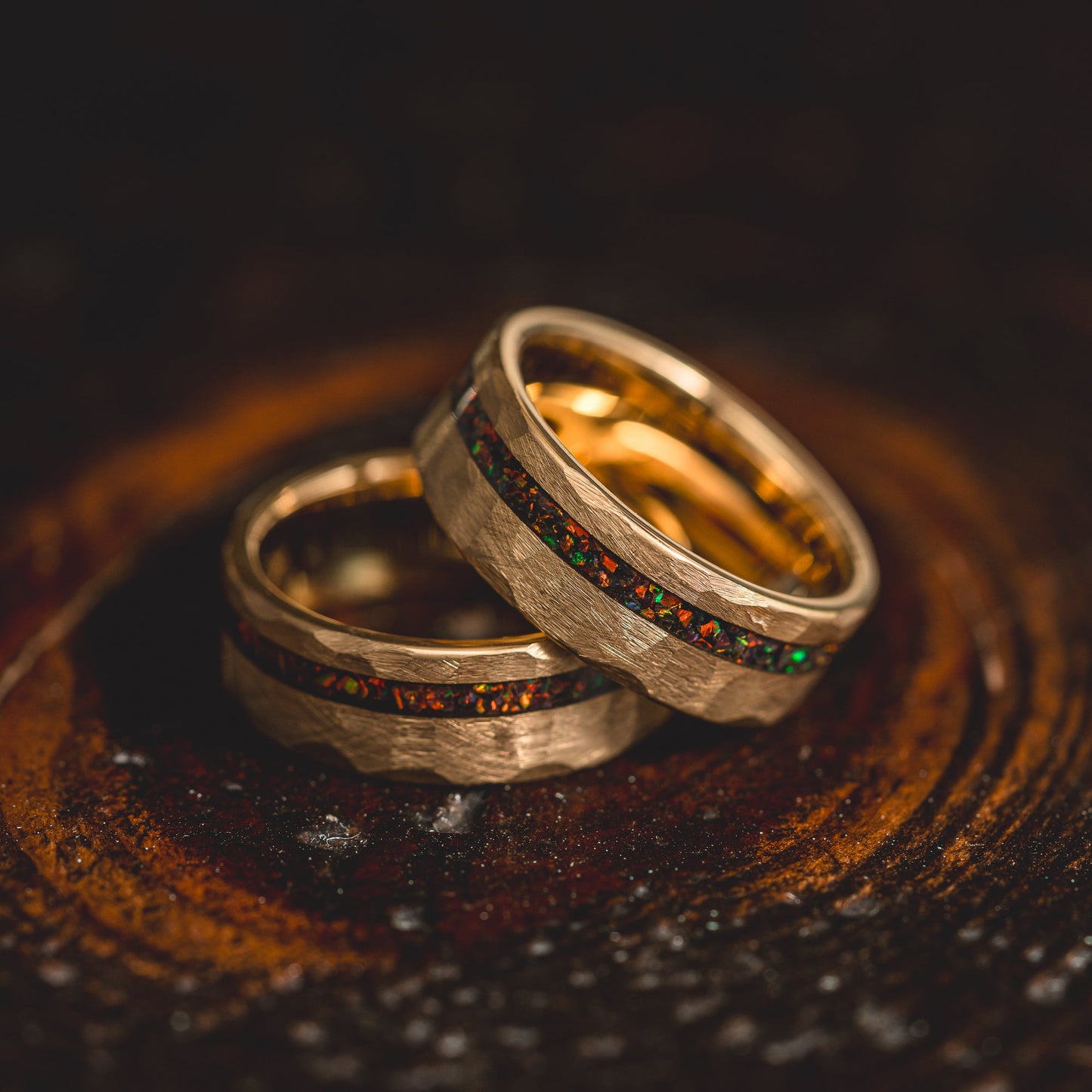 "Fire Root"  Rasta Opal x Brushed Hammered Tungsten Carbide- Gold
