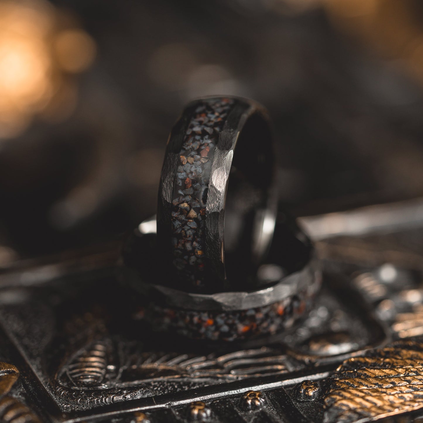 "HellCreek Ember"  Dinosaur Bone x Hammered Tungsten Carbide- Black