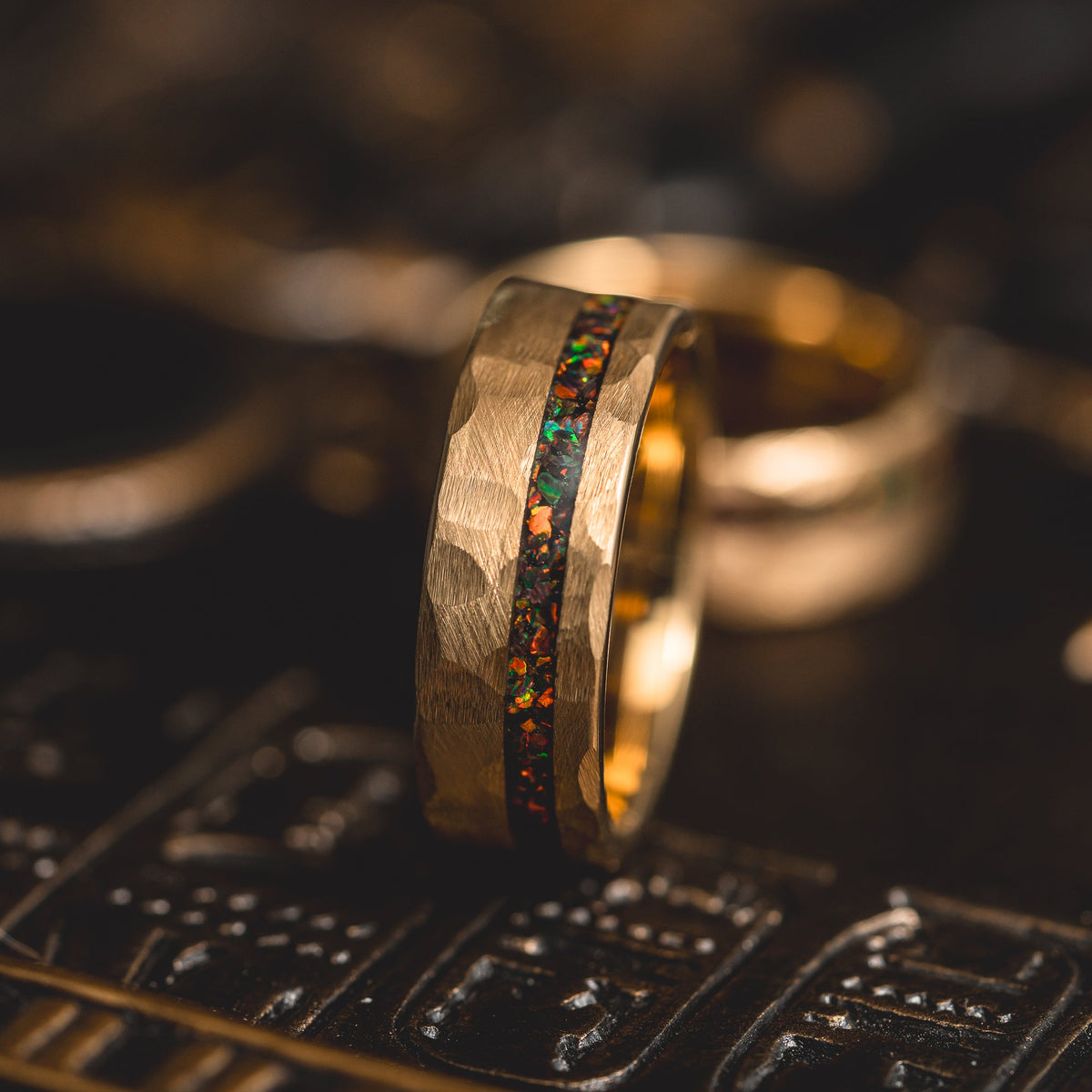 "Fire Root"  Rasta Opal x Brushed Hammered Tungsten Carbide- Gold