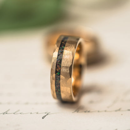 "Fire Root"  Rasta Opal x Brushed Hammered Tungsten Carbide- Gold