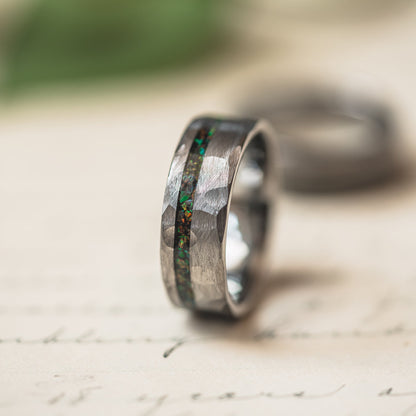 "Fire Root"  Rasta Opal x Brushed Hammered Tungsten Carbide- Silver