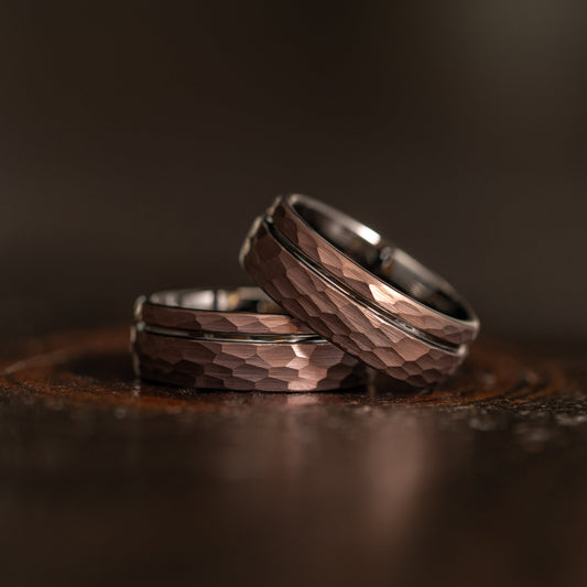 "Zeus" Hammered Tungsten Carbide Ring- Coffee with Gunmetal